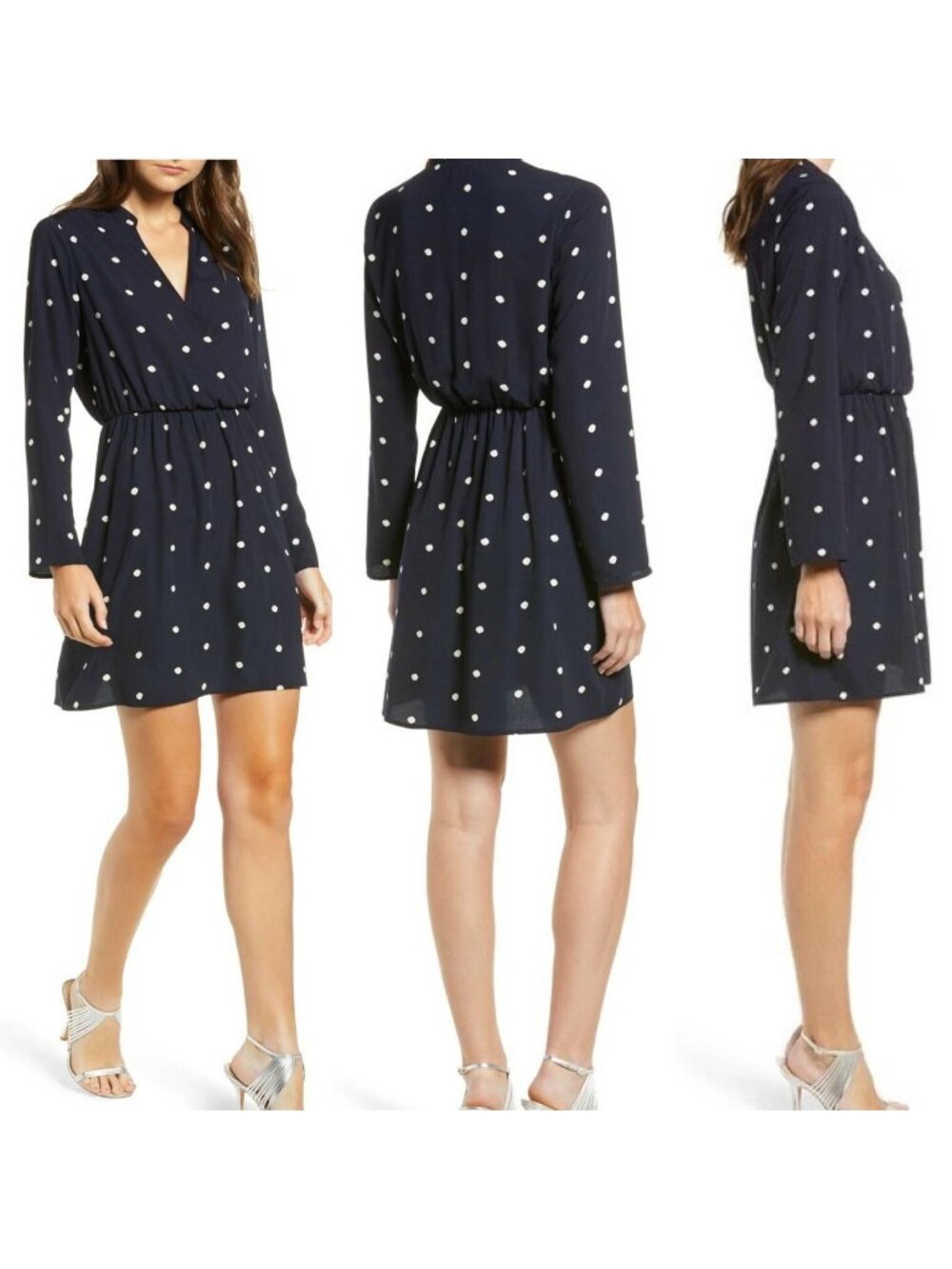 All In Favor Lily Surplice Mini Dress Womens Large Navy Polka Dot Long Sleeve